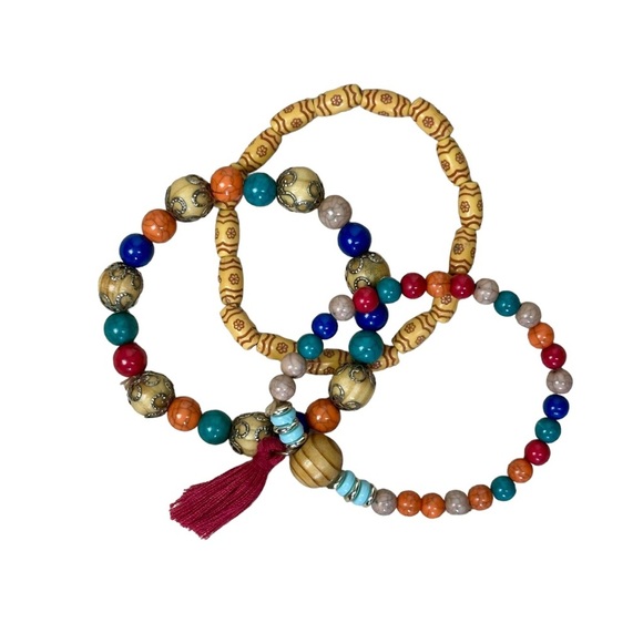 Bohemian Multicolour Beaded Elasticized Bracelets Set of 3 - Picture 4 of 6